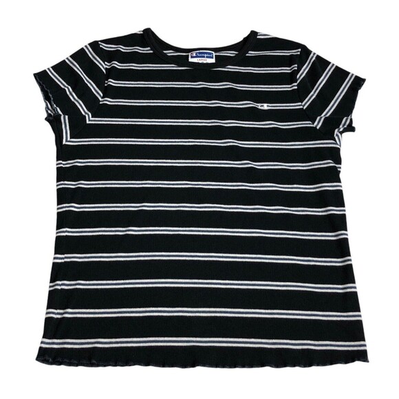 Champion Top Womens L Black Striped Stretch Knit Preppy Retro Baby Tee Y2K 90s - Picture 1 of 12